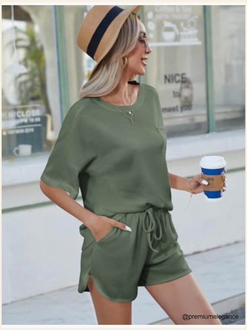 Waffle Knit Lounge Set Short Sleeve Top & Shorts 2 Piece Pajamas with Pockets - Picture 5 of 7